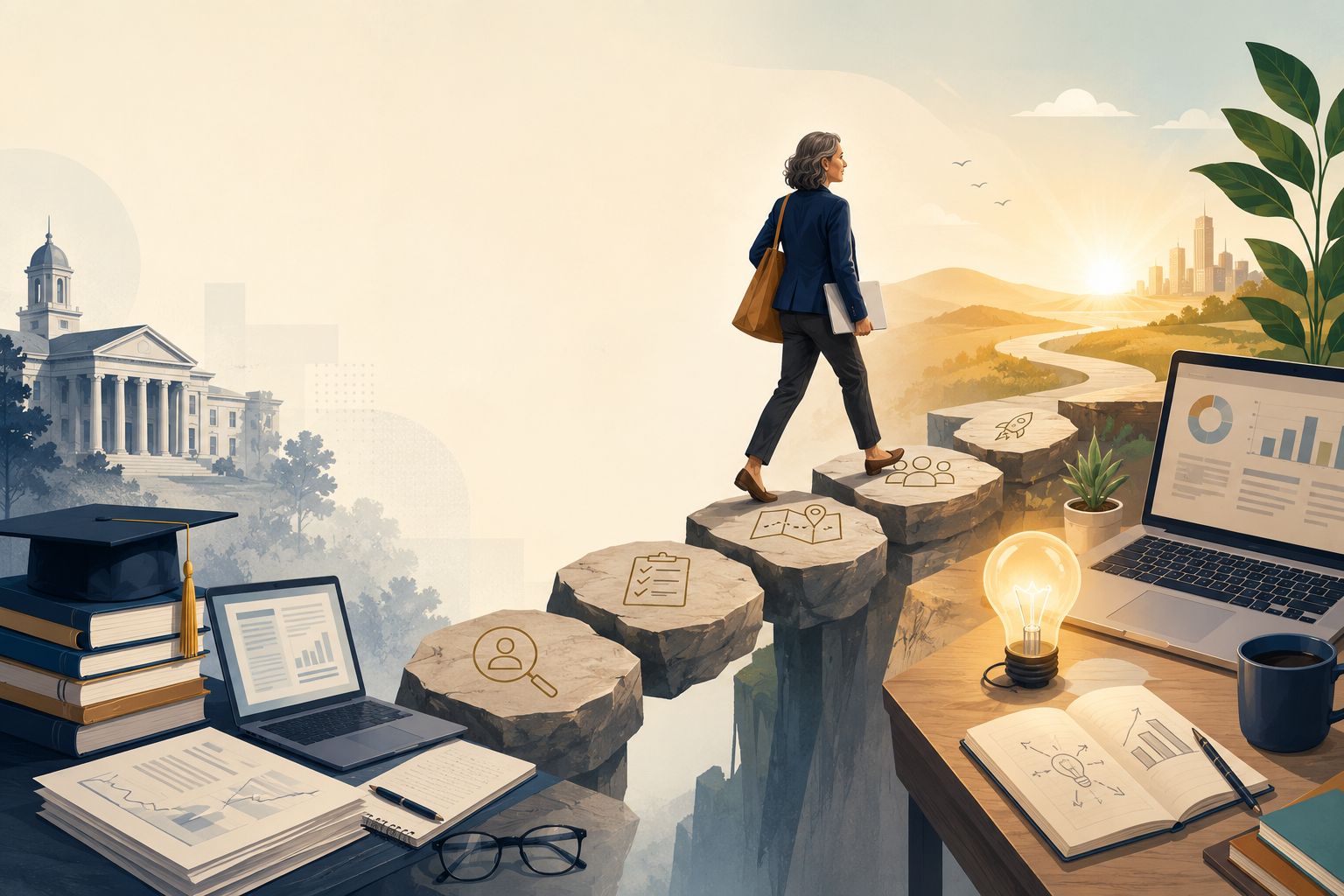 Illustration of a higher education professional walking across stepping stones from a university campus toward a modern entrepreneurial workspace, symbolizing the transition from academia to starting a business. Books, research papers, and a graduation cap represent academic experience, while a laptop with business analytics, a notebook, and a glowing lightbulb represent entrepreneurship and innovation.