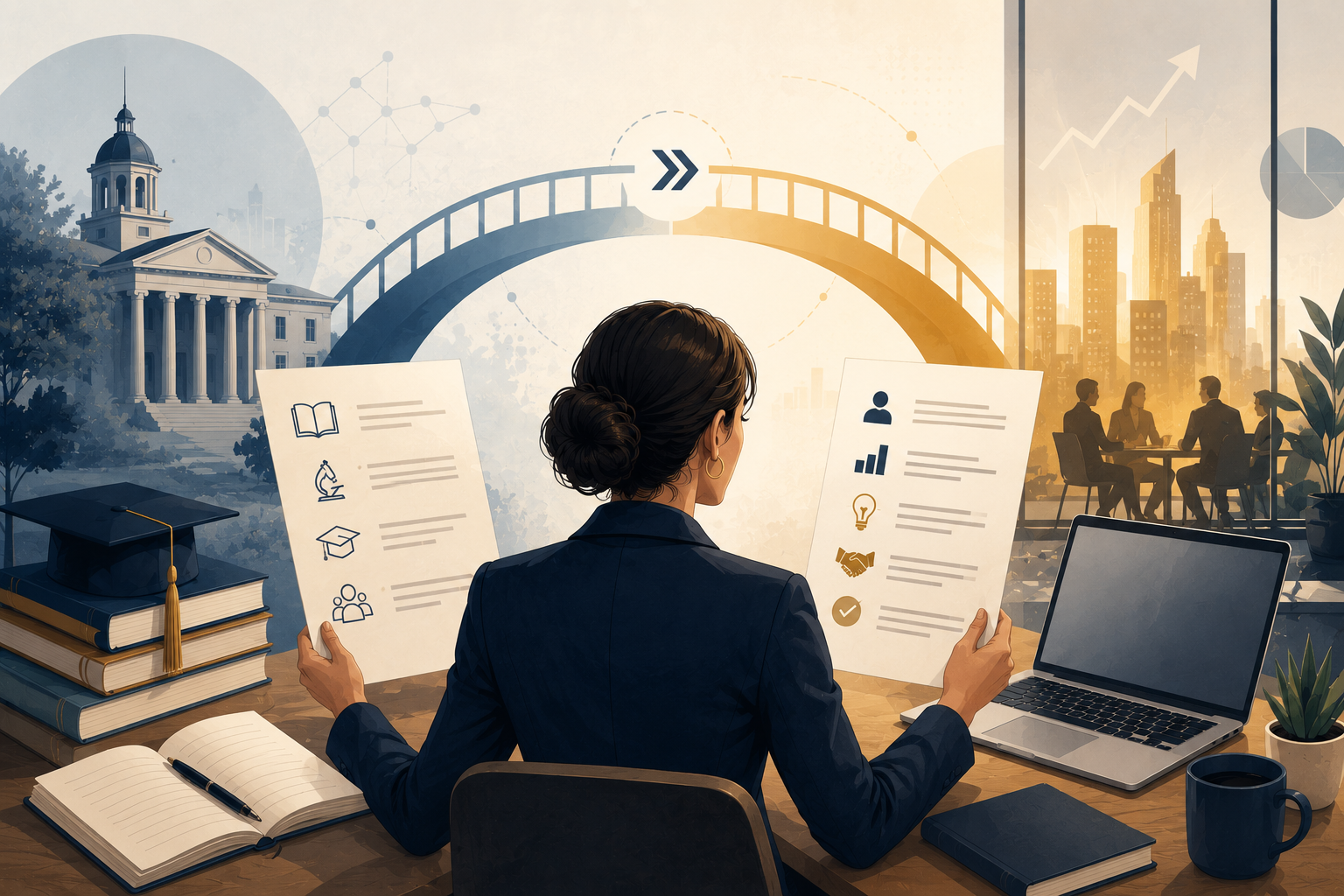 Illustration of a higher education professional comparing an academic CV with an employer-focused résumé, symbolizing the translation of academic experience into skills valued outside higher education. A bridge connects a university campus to a modern business setting, representing the transition from academia to new career opportunities.