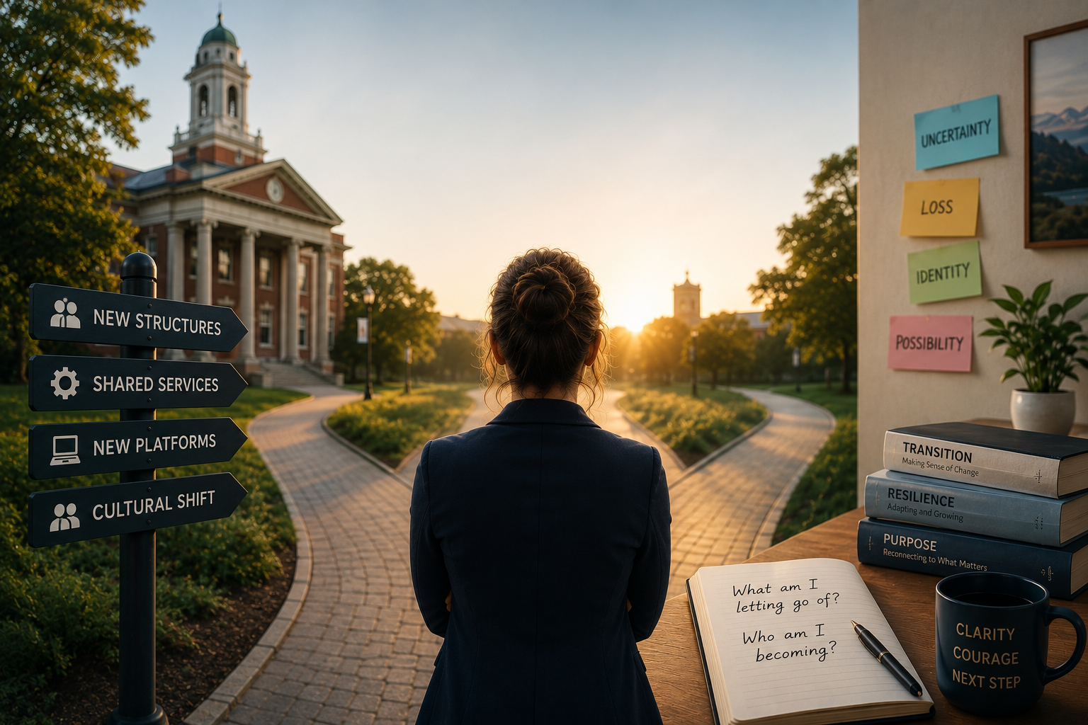 A higher education professional stands at a fork in a campus pathway at sunrise, facing two possible directions that symbolize institutional change and personal transition. A nearby signpost points toward new structures, shared services, new platforms, and cultural shift, while a desk with books, handwritten reflection prompts, and notes labeled uncertainty, loss, identity, and possibility reinforces the emotional journey of adapting to change and finding a new path.
