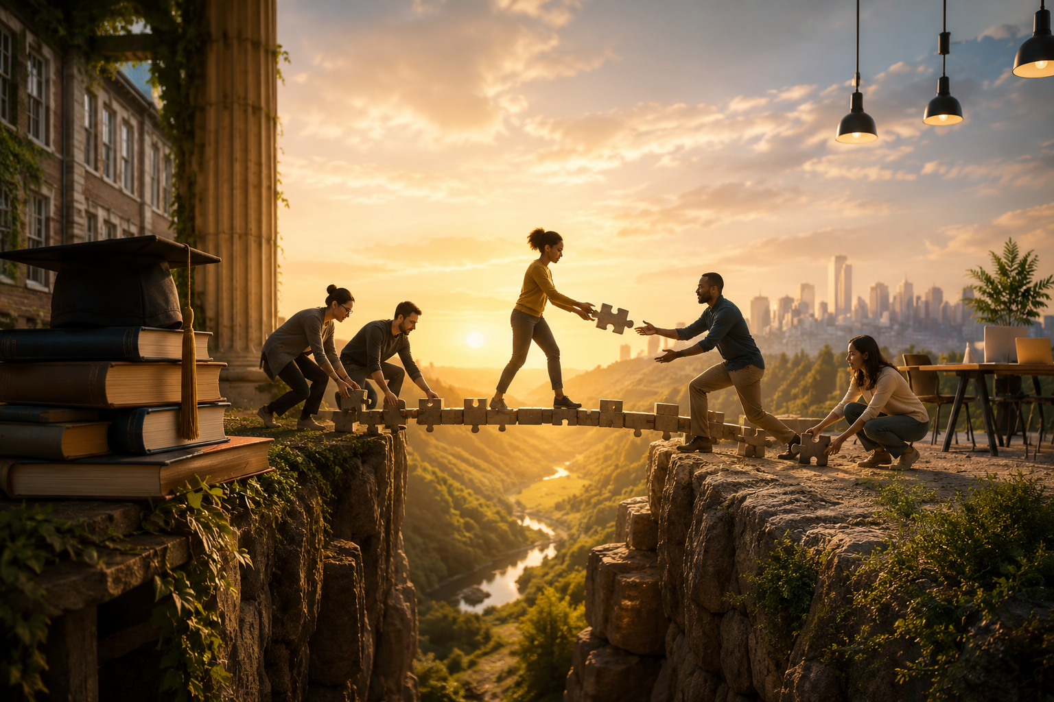 A diverse group of higher education professionals works together to build a bridge across a dramatic canyon using interlocking puzzle pieces. On one side, ivy-covered academic buildings, books, and a graduation cap symbolize traditional academia. On the other, a modern collaborative workspace overlooks a city skyline, representing entrepreneurship and innovation. Warm golden light illuminates the bridge, conveying the idea that collaboration connects academic expertise with entrepreneurial success.